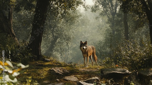 A lone wolf hiking through a dense forest, exploring new territories and enjoying solitude. photo