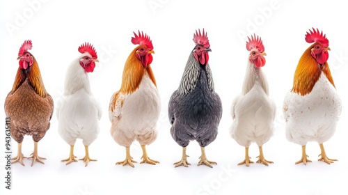 A row of six chickens with different colored feathers
