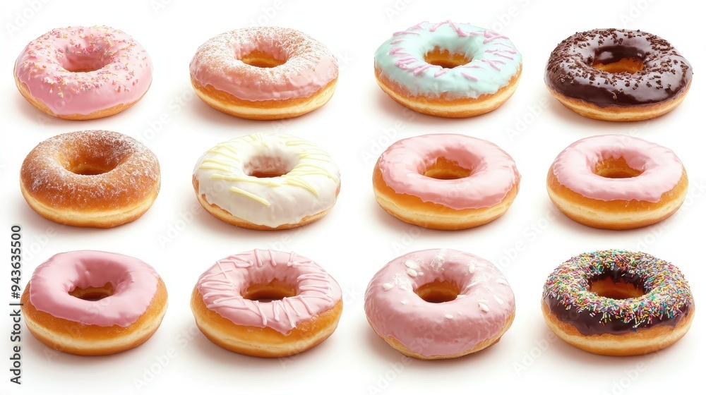 A row of donuts with different colors and flavors A row of donuts with different colors and flavors