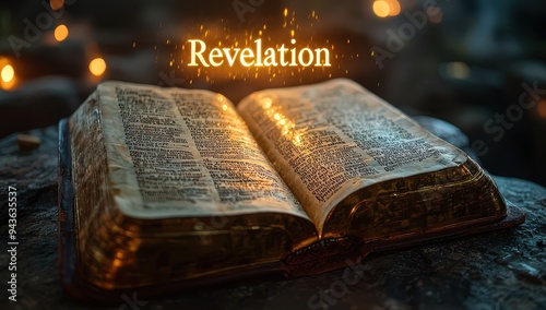 An open Bible with the word Revelation glowing above it, with golden rays emanating from its pages