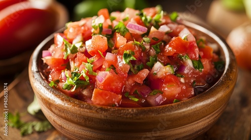 Vibrant salsa, a tantalizing mix of chopped tomatoes and crisp onions, complemented by the freshness of cilantro. Its zesty flavors are balanced by a subtle spicy kick