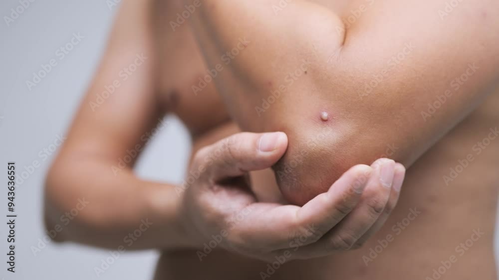 Male torso with chickenpox marks and rashes, showing a hand scratching itchy spots. Male torso with chickenpox marks and rashes, showing a hand scratching itchy spots.