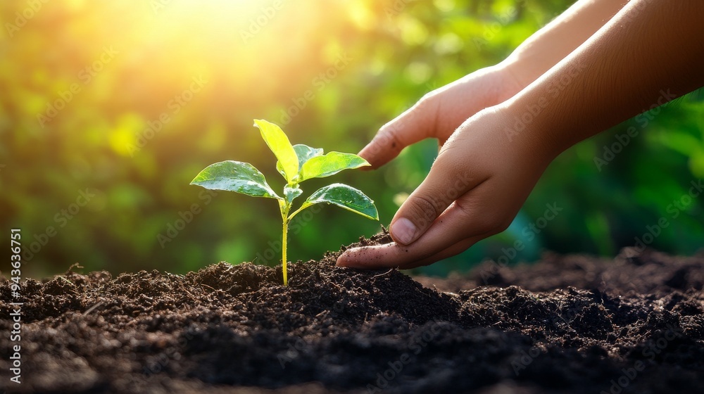 Hand gently holds mound of soil with sprout under bright sunlight, representing care and growth Hand gently holds mound of soil with sprout under bright sunlight, representing care and growth
