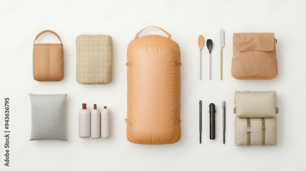 Naklejka premium A collection of items including a backpack, a purse, and a few bottles