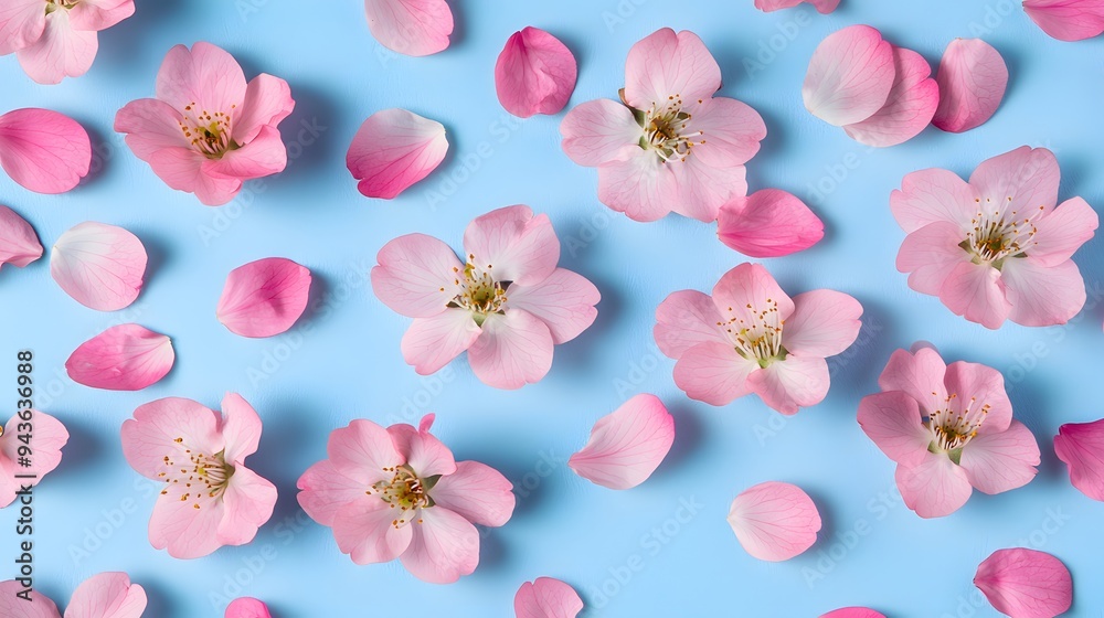 Delicate pink flowers and petals scattered on a soft blue background. Delicate pink flowers and petals scattered on a soft blue background.