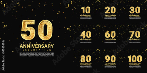 Set of 10th-90th anniversary celebration emblem. Gold anniversary logo isolated on black gradient background. Anniversary banner template design for web, poster, flyers, greeting card and invitation