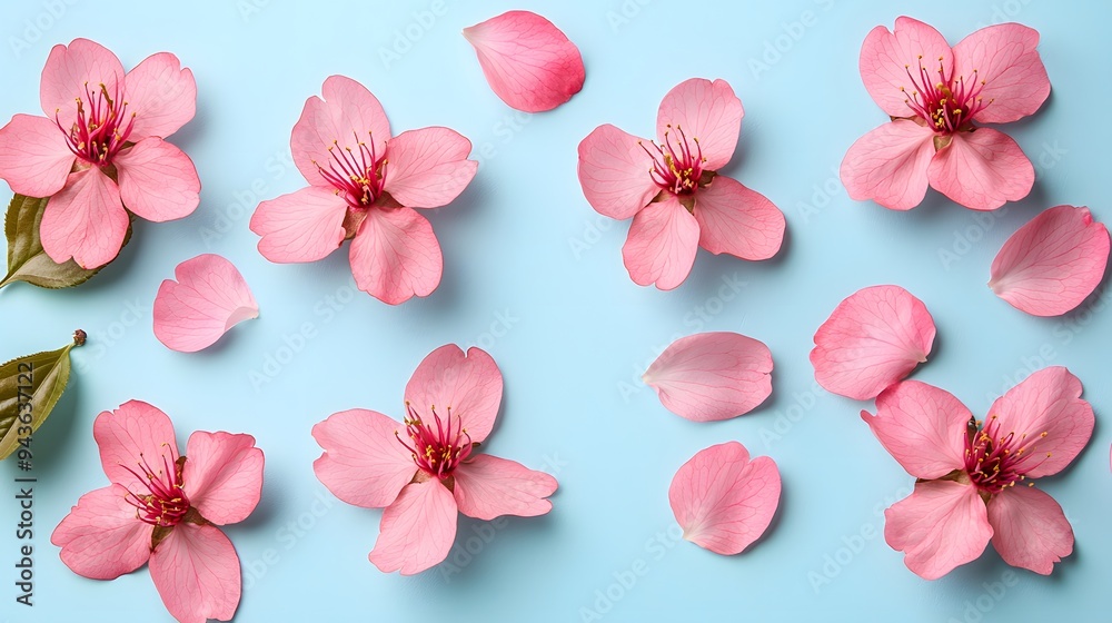Obraz premium Delicate pink cherry blossoms arranged on a soft blue background.