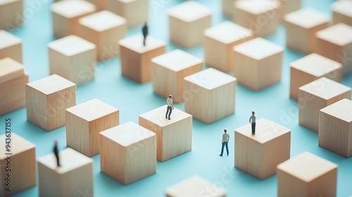 Small figures standing on wooden cubes arranged on a flat surface against a blue background creating a complex visual landscape