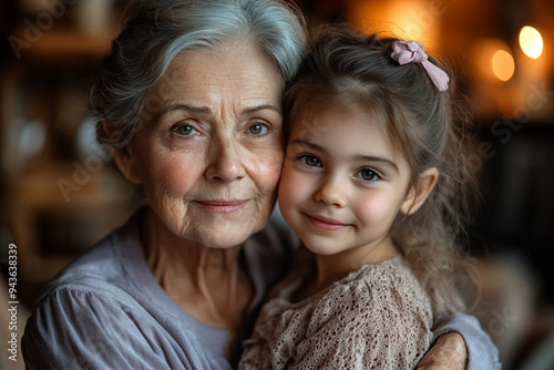 Heartwarming Portrait of a Joyful Grandmother Embracing Her Adorable Granddaughter in a Cozy Home Setting, Celebrating Family Bonds and Generational Love with Warm Smiles and Tender Moments Captured P