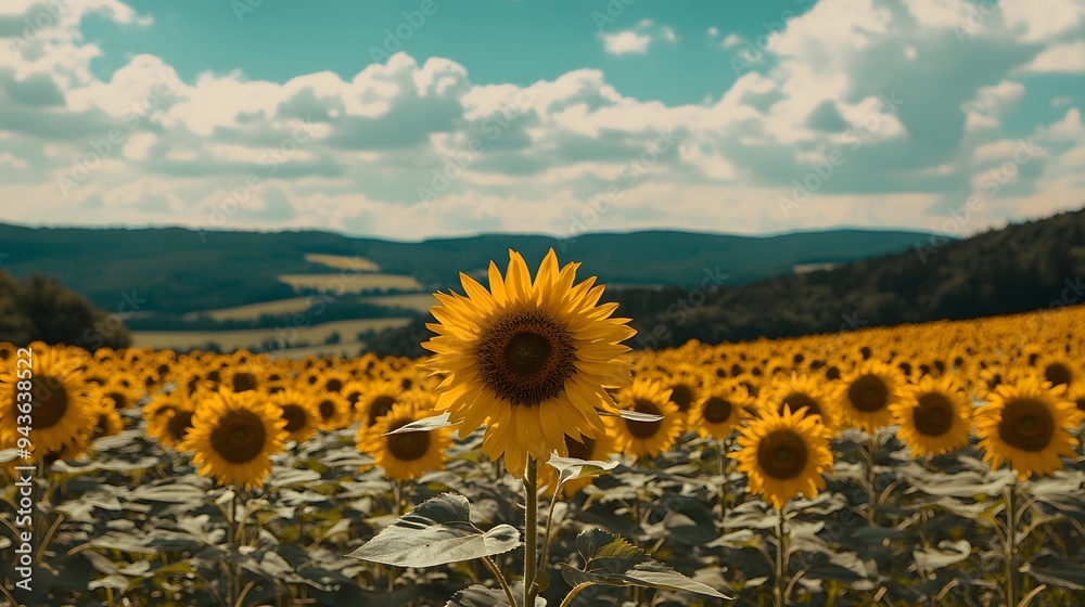 Obraz premium A vibrant sunflower stands tall amidst a vast field of blooming sunflowers.