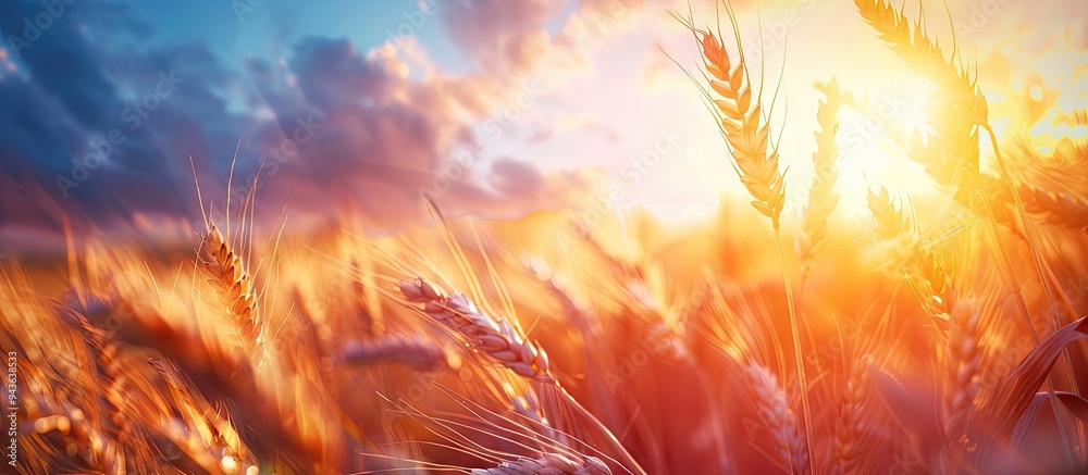 Fototapeta premium Close up of golden wheat ears at sunset in a wheat field under a blue sky on a summer day with a prominent copy space image