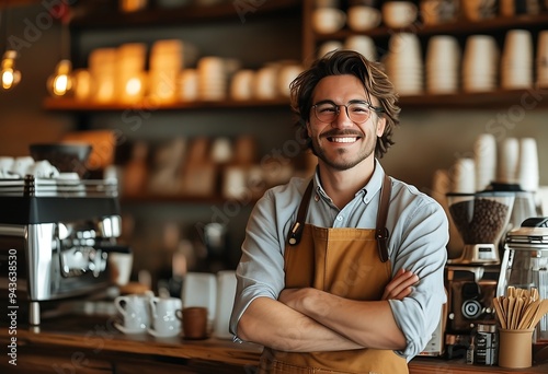 Happy cafe owner beams with pride, embodying small business success and entrepreneurial joy.