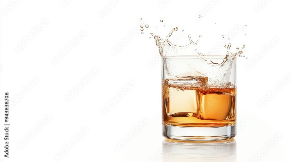 A glass of liquor with ice cubes in it is splashing water out of it