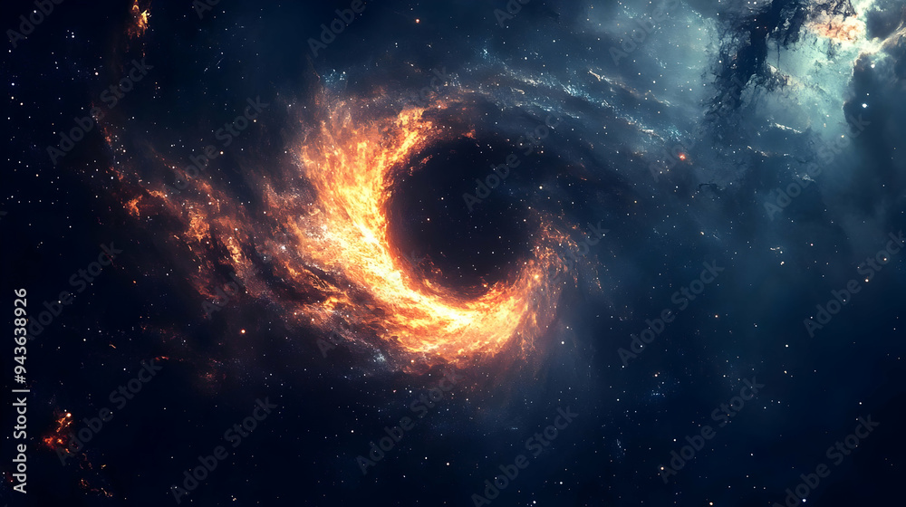 Fototapeta premium A fiery spiral galaxy in a dark, starry sky.
