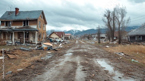 A once thriving town now a disaster-stricken wasteland, collapsed homes, broken roads, and downed trees marking the aftermath of nature's fury photo