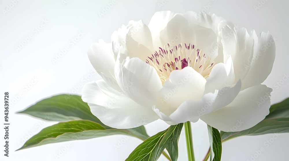 Breathtaking White Peony Flower in Bloom Surrounded by Lush Green Leaves Breathtaking White Peony Flower in Bloom Surrounded by Lush Green Leaves
