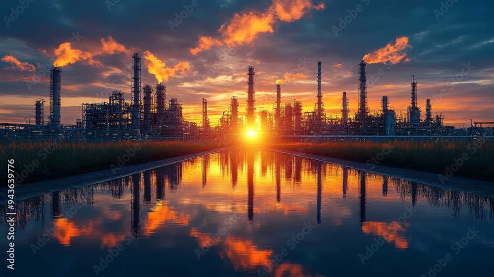 The sun sets behind industrial structures, casting reflections in water and emphasizing energy consumption and emissions. The sun sets behind industrial structures, casting reflections in water and emphasizing energy consumption and emissions.