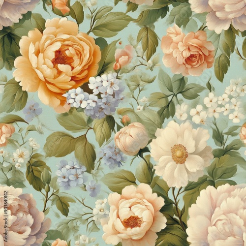 Fototapeta Naklejka Na Ścianę i Meble -  A vintage floral pattern with blooming roses and peonies against a pastel blue background, suitable for wallpaper, fabric prints, and home decor,