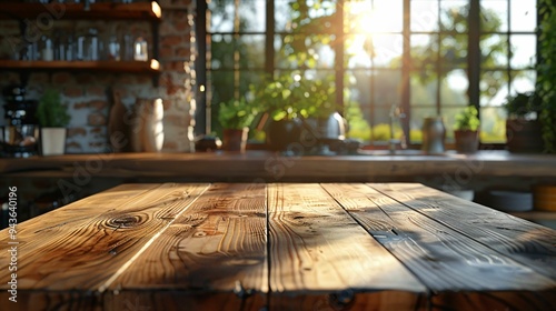 Plan de travail en bois, arrière plan cuisine flou, , pour intégration produits, ou décor graphique, style mockup