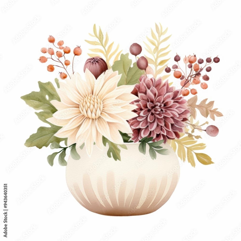 Pretty floral arrangement in a decorative vase featuring a mix of cream and burgundy flowers, along with green and yellow foliage, Ideal for use in home decor blogs, botanical illustrations Pretty floral arrangement in a decorative vase featuring a mix of cream and burgundy flowers, along with green and yellow foliage, Ideal for use in home decor blogs, botanical illustrations