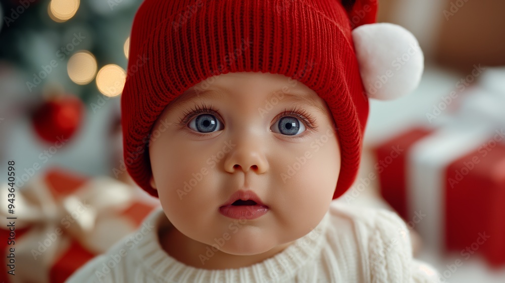 A baby wearing a red hat and a white sweater. The baby is looking at the camera. The scene is set in a room with a Christmas tree and presents A baby wearing a red hat and a white sweater. The baby is looking at the camera. The scene is set in a room with a Christmas tree and presents