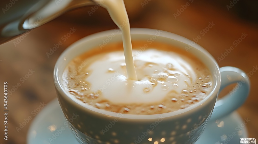 Creamy Cappuccino Foam Cascading into Ceramic Mug on Wooden Table Creamy Cappuccino Foam Cascading into Ceramic Mug on Wooden Table