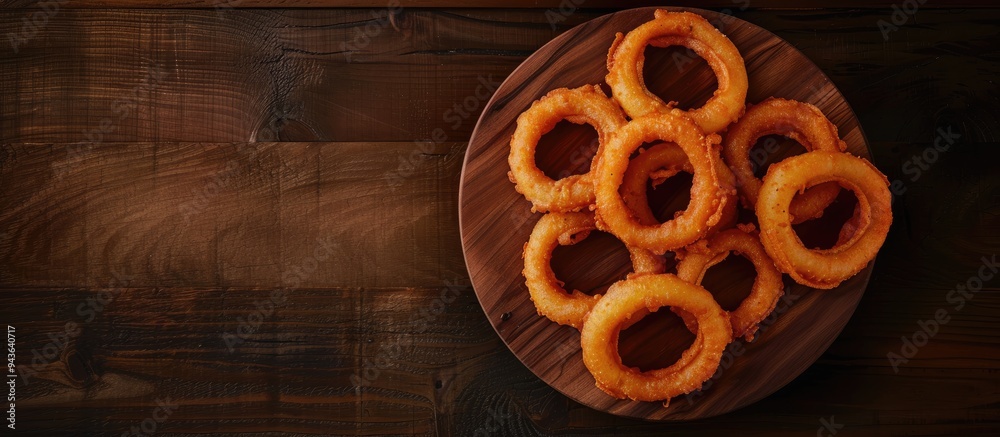 Top view flat lay of a pile of crispy onion rings served on a wooden platter against a dark brown backdrop creating a striking copy space image Top view flat lay of a pile of crispy onion rings served on a wooden platter against a dark brown backdrop creating a striking copy space image