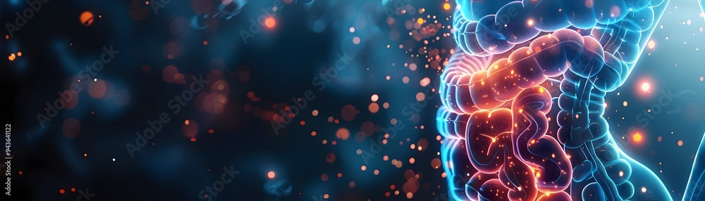 Glowing Gut Microbiome from X Ray of Intestines with Detailed Concept Art Glowing Gut Microbiome from X Ray of Intestines with Detailed Concept Art