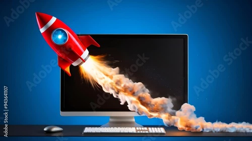 Toy rocket taking off from a laptop screen, startup and technology concept.
