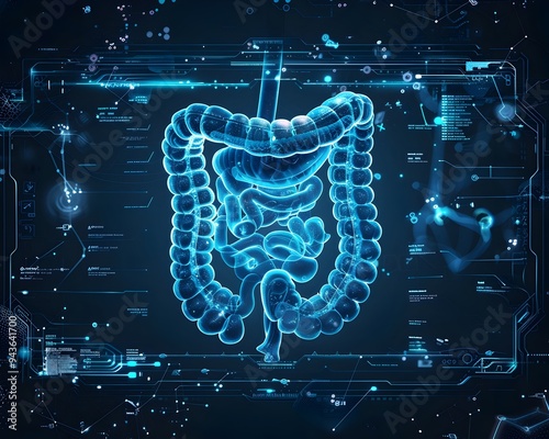 Futuristic X Ray of Cybernetically Enhanced Intestines with Glowing Digital Details photo