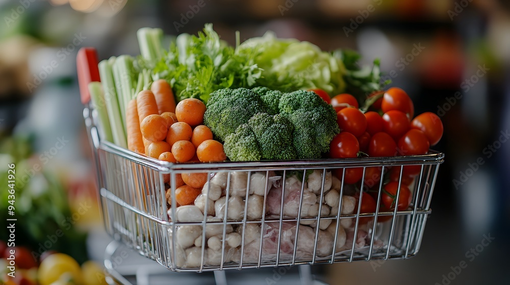 Fresh Organic Vegetables in Wire Basket on Supermarket Shelves Fresh Organic Vegetables in Wire Basket on Supermarket Shelves