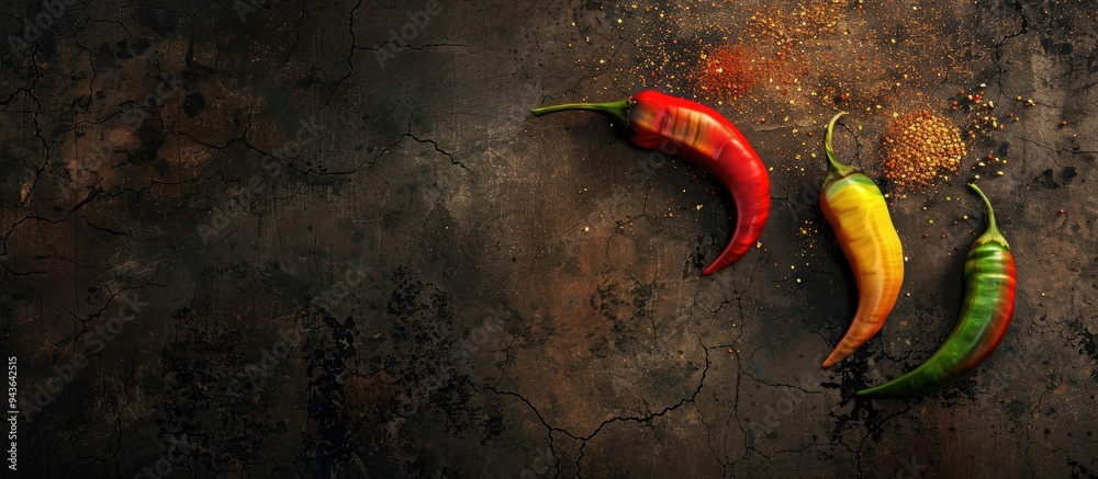 Horizontal copy space image showcasing three units of colorful raw chillies scattered on the floor Horizontal copy space image showcasing three units of colorful raw chillies scattered on the floor