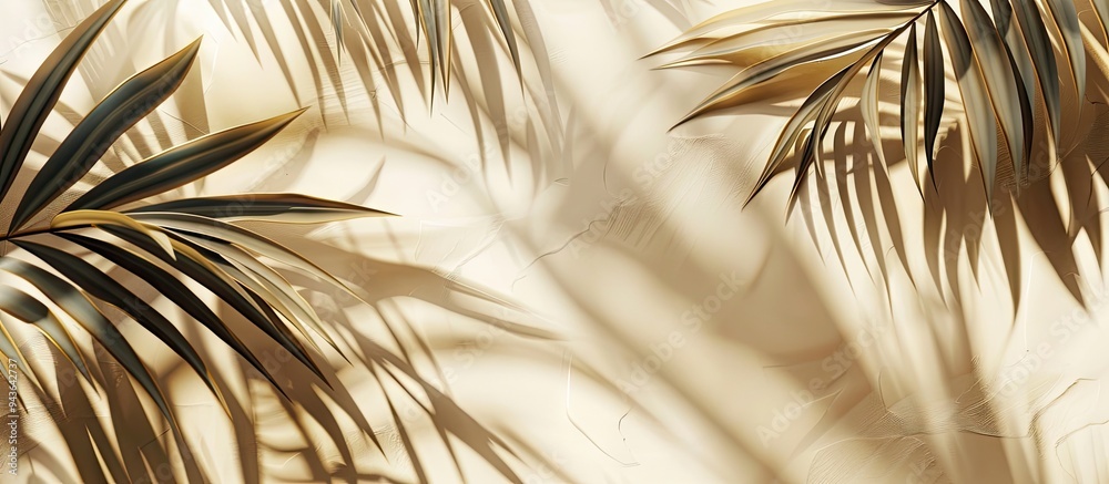 Obraz premium Lush palm leaves create shadow patterns on a beige background forming a textured silhouette ideal for product placement in abstract defocused copy space image