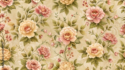 Vintage floral pattern on beige background with copy space representing nostalgic elegance