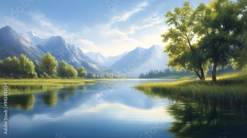 A calm lake reflecting towering mountains and lush trees, rendered in oil painting style, with intricate hand brushstrokes capturing every detail of the serene landscape.