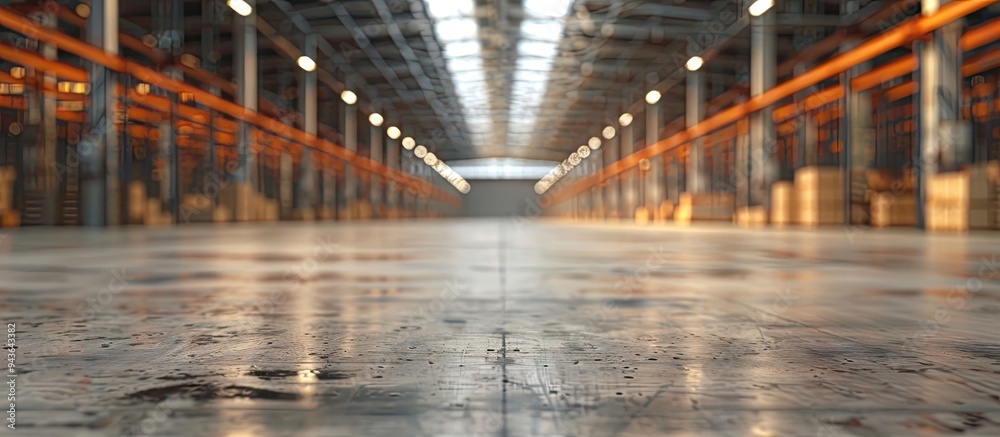 Focus on concrete floor in blurred warehouse copy space image Focus on concrete floor in blurred warehouse copy space image