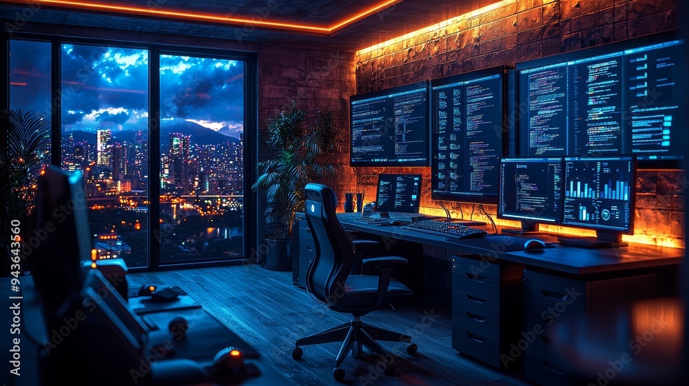 Modern Gaming Setup With Cityscape View at Night Modern Gaming Setup With Cityscape View at Night