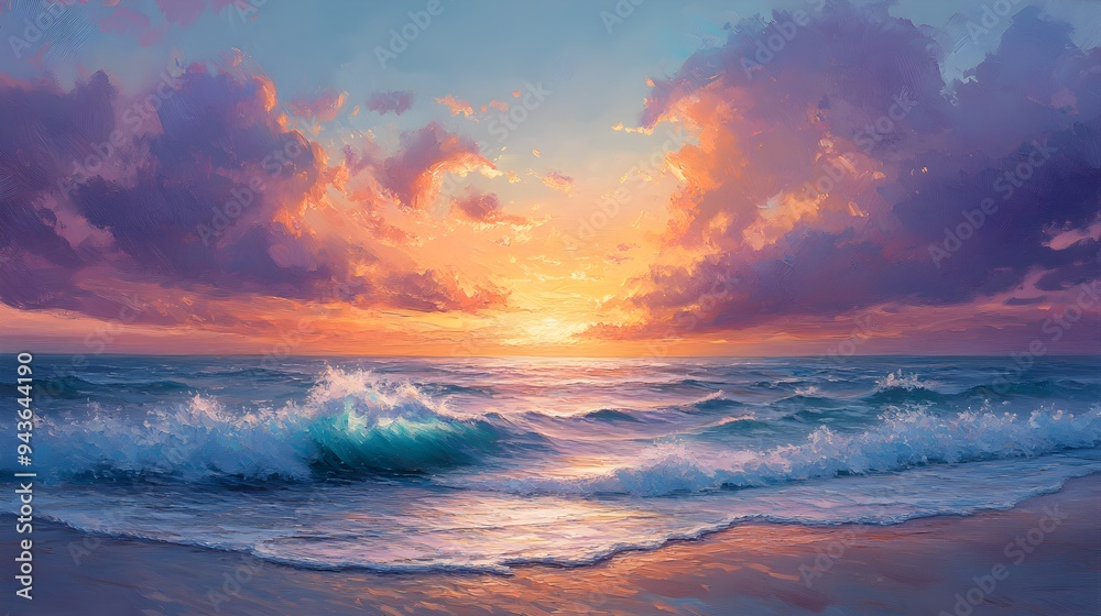 Sunset beach, fluid brushstrokes, vivid sky hues, soft waves on shore, oil painting texture, tranquil mood Sunset beach, fluid brushstrokes, vivid sky hues, soft waves on shore, oil painting texture, tranquil mood
