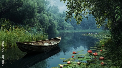 Tranquil river scene with a wooden boat and blooming water lilies. photo