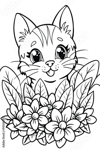Black and White Coloring Book: Cute Cat Hiding in Flowers | Intricate Floral Cat Design