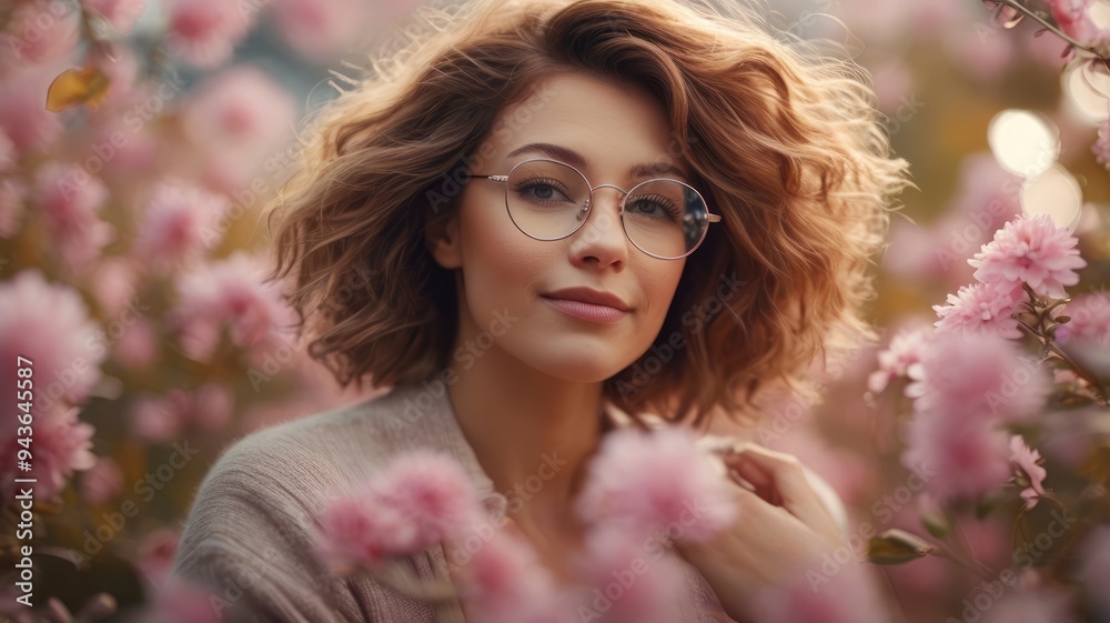 Fototapeta premium Content woman with glasses, surrounded by falling pink flowers, enjoying the outdoors, 4K realism