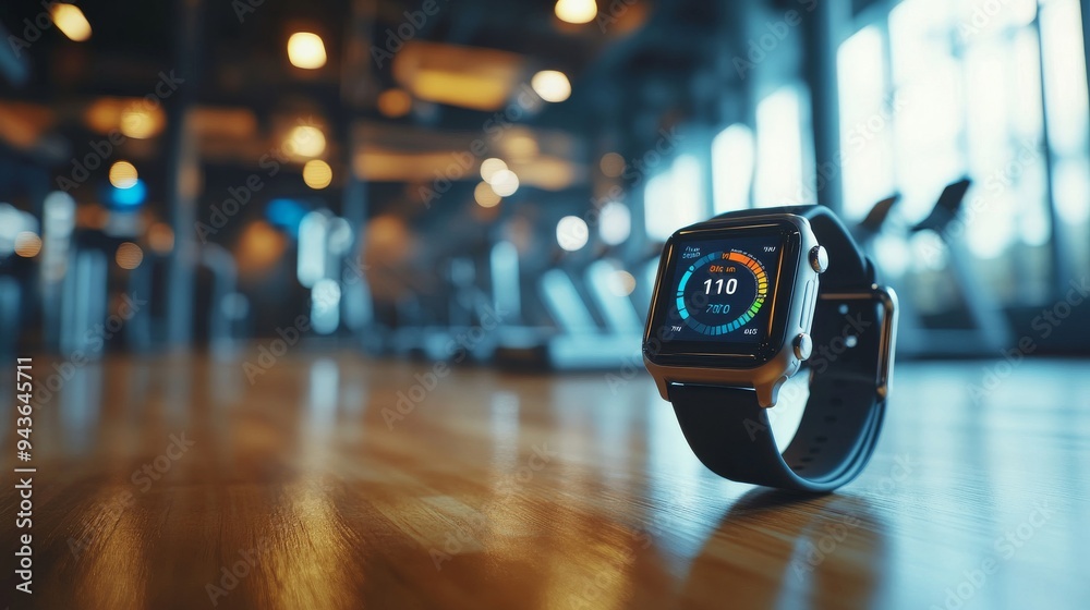 Close-up of a smartwatch displaying fitness metrics during a workout in a modern gym with sleek, smart equipment. Close-up of a smartwatch displaying fitness metrics during a workout in a modern gym with sleek, smart equipment.