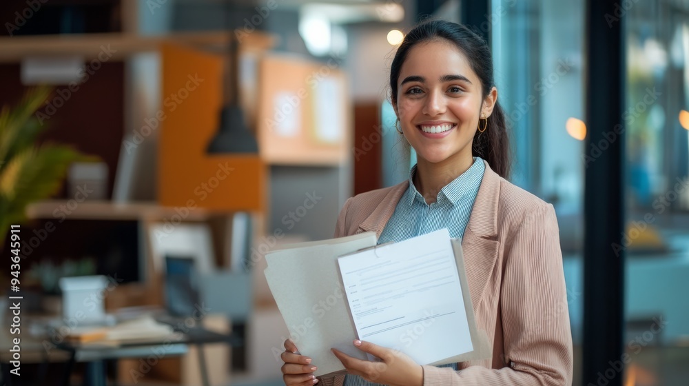 Insurance agent with a friendly smile, holding policy documents in a modern office. Insurance agent with a friendly smile, holding policy documents in a modern office.