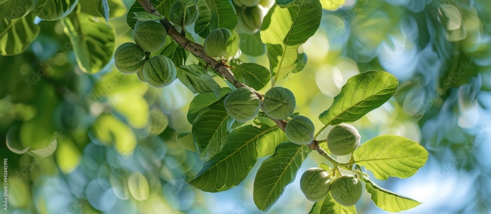 Fototapeta premium Caucasian Walnut tree branches from the Juglandaceae family in a park or garden showcasing Pterocarya fraxinifolia branches with fruit perfect for a copy space image