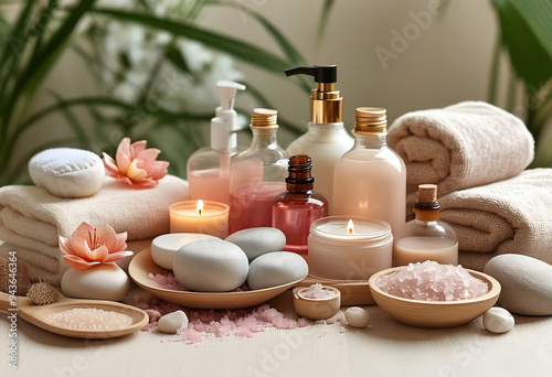 Spa products and cosmetics beautifully arranged on wood, creating serene and inviting atmosphere.