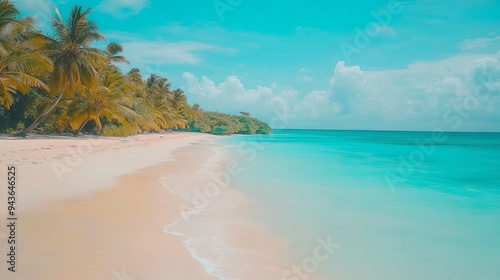 Tropical beach with palm trees and crystal clear turquoise water.