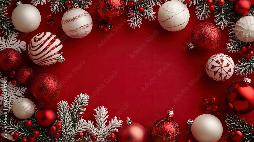 Merry Christmas and Happy Holidays greeting card, frame, banner. New Year. Noel. White Christmas white and red ornaments on red background top view. Winter holiday xmas theme. generative ai