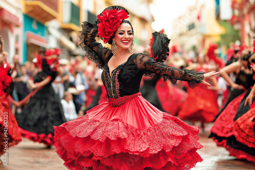 Girl flamenco dancer in traditional red and black costume among the festival crowd