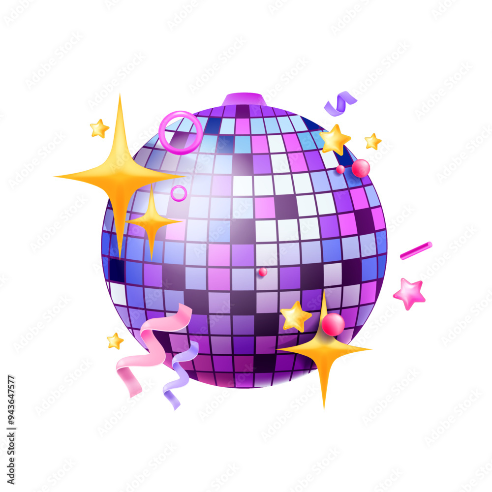 3D disco ball vector icon, holiday night club decoration, New Year party vintage sphere, confetti. Celebration event shiny dance object retro glass mirror round glitter decor. Music disco ball concept 3D disco ball vector icon, holiday night club decoration, New Year party vintage sphere, confetti. Celebration event shiny dance object retro glass mirror round glitter decor. Music disco ball concept