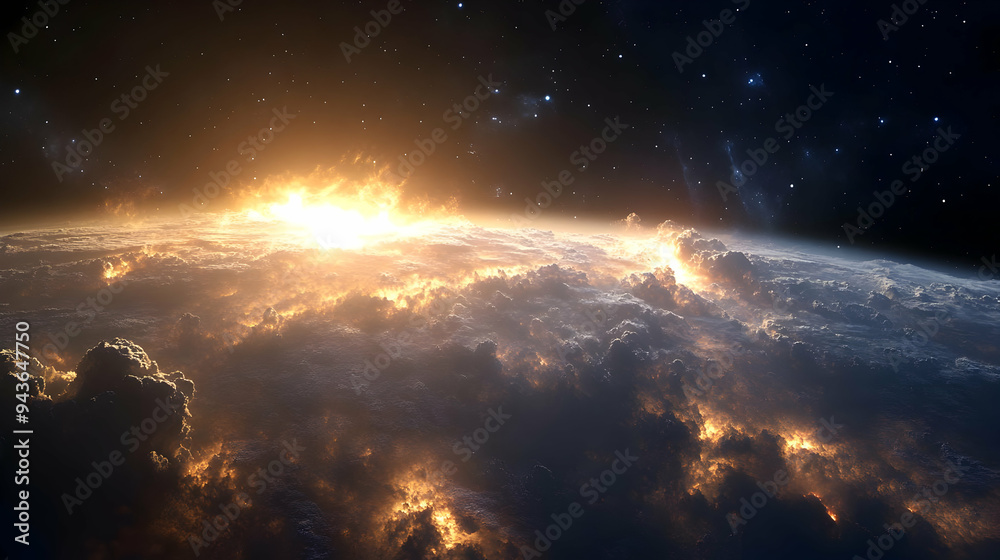 A fiery sunrise over a planet with swirling clouds and a star-filled sky. A fiery sunrise over a planet with swirling clouds and a star-filled sky.